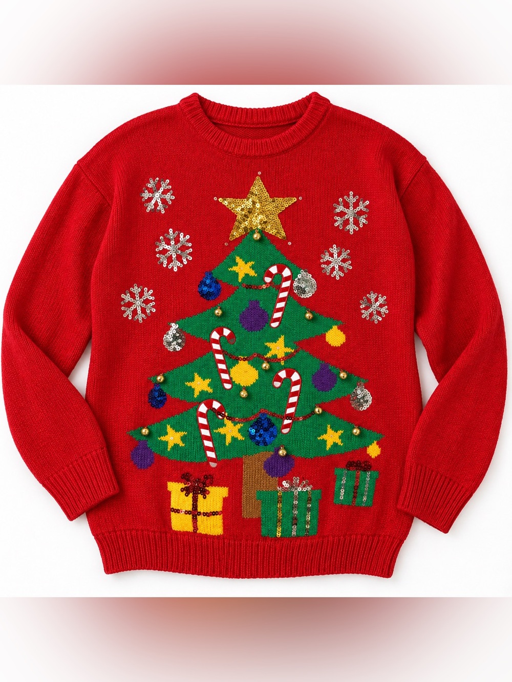 Forever 21 Christmas Ugly Sweater Red Sequin Tree Bells Women’s Large